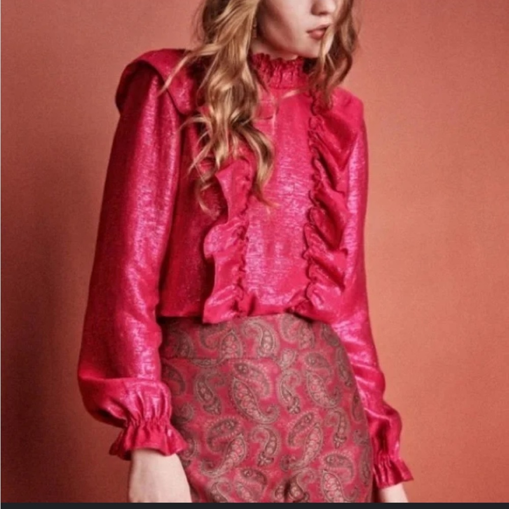 Sezane Filamene lurex ruffle blouse Shirt size 34/2Us viscose long sleev offers